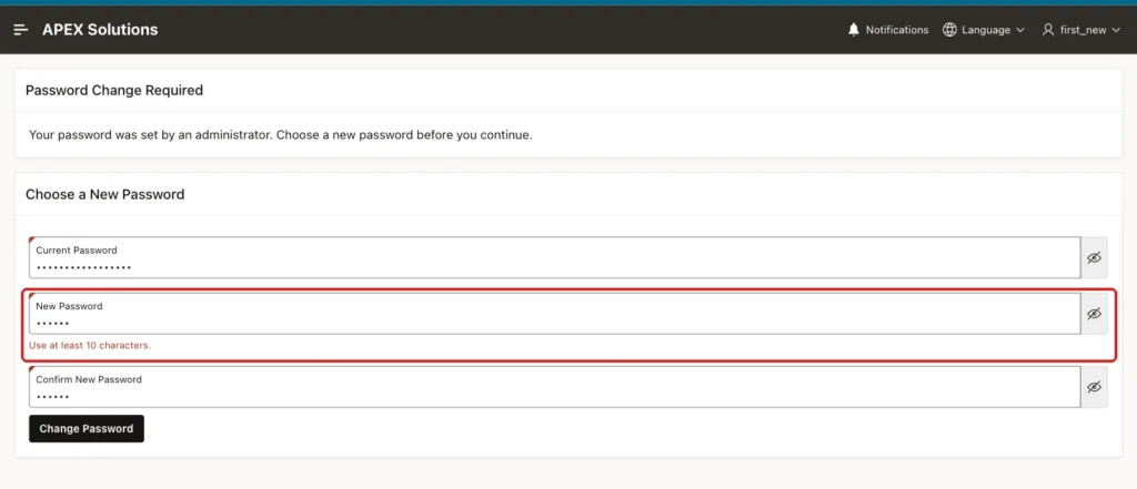 Change Password page with the error Use at least 10 characters. under the New Password item, marked with a red box