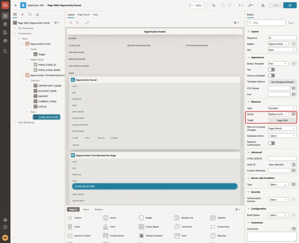 Behavior group of the button with Action Redirect to Page in this Application and Target Page 1000 marked with a red box