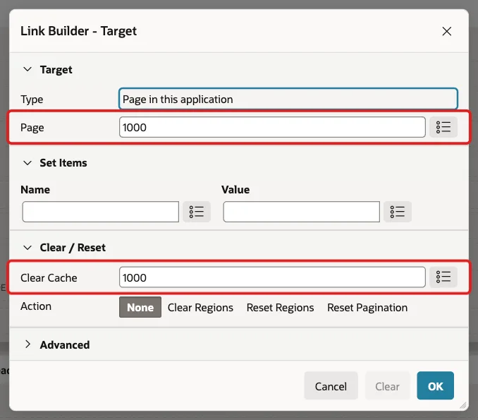 Link Builder with Page 1000 and Clear Cache 1000 marked with red boxes