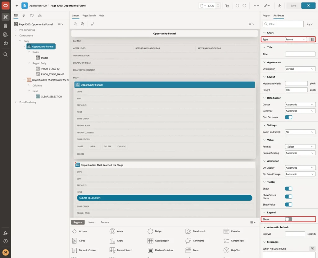 Attributes tab of the chart region with Chart Type Funnel and Legend Show off marked with red boxes