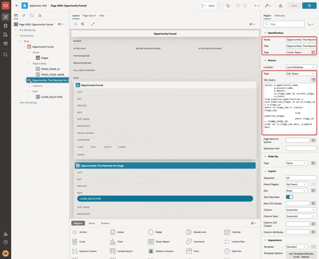 Classic report region with Name, Title, Type Classic Report, Source Type SQL Query and the report query marked with red boxes