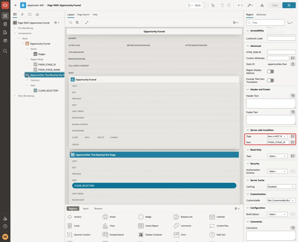 Server-side Condition of the report with Type Item is NOT NULL and Item P1000_STAGE_ID marked with a red box