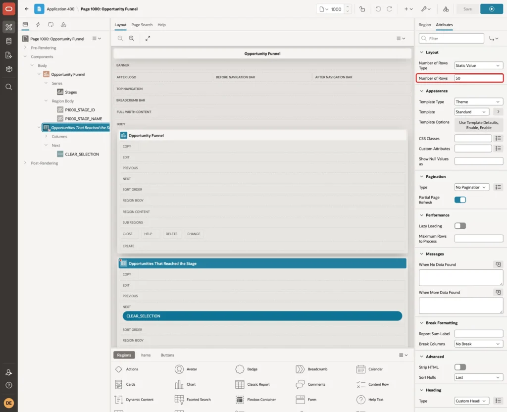 Attributes tab of the report with Number of Rows 50 marked with a red box