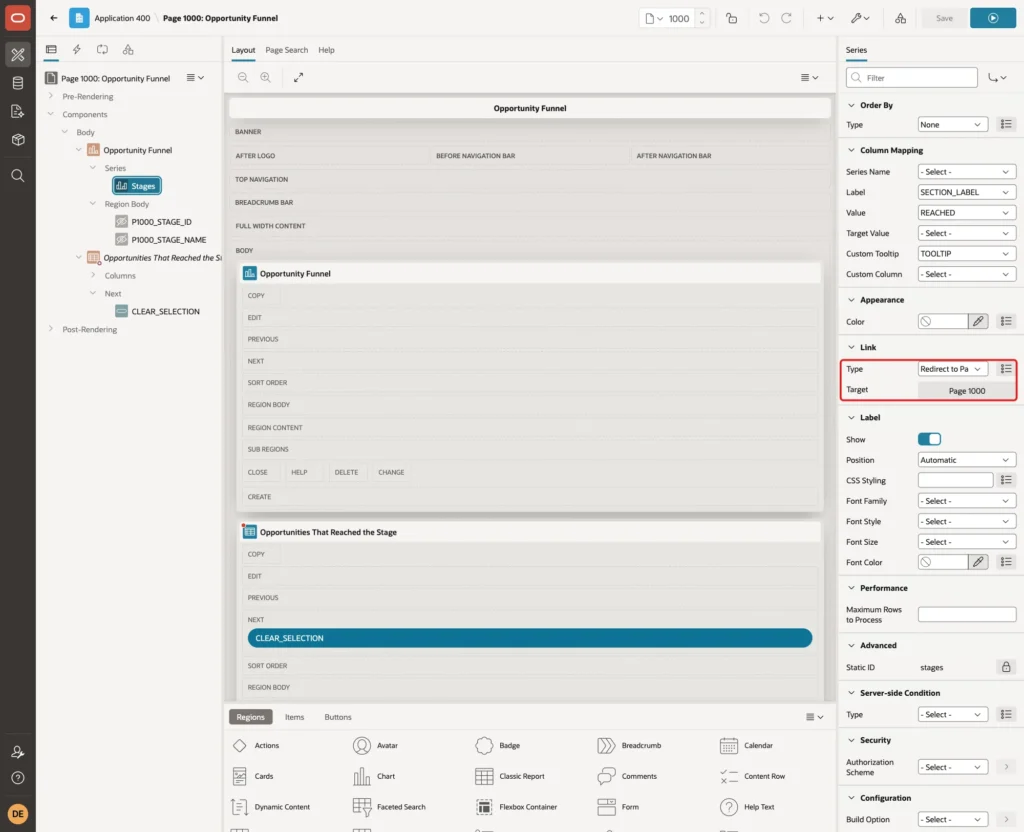 Link group of the Stages series with Type Redirect to Page in this Application and Target Page 1000 marked with a red box