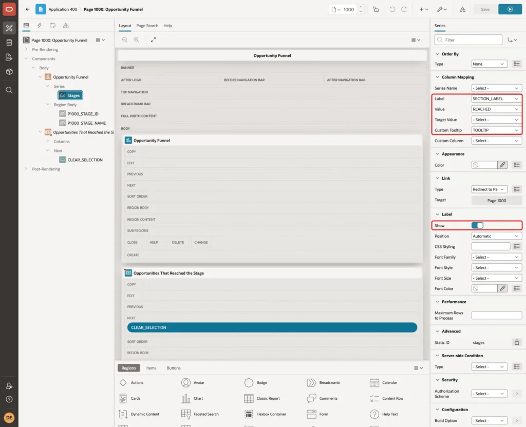 Column Mapping of the series with Label SECTION_LABEL, Value REACHED and Custom Tooltip TOOLTIP, and Label Show on, marked with red boxes