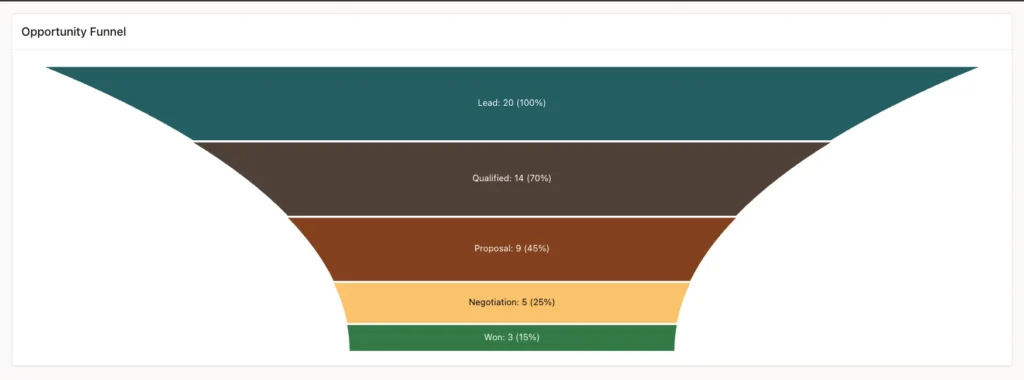 Funnel chart with five sections from Lead: 20 (100%) at the top to Won: 3 (15%) at the bottom