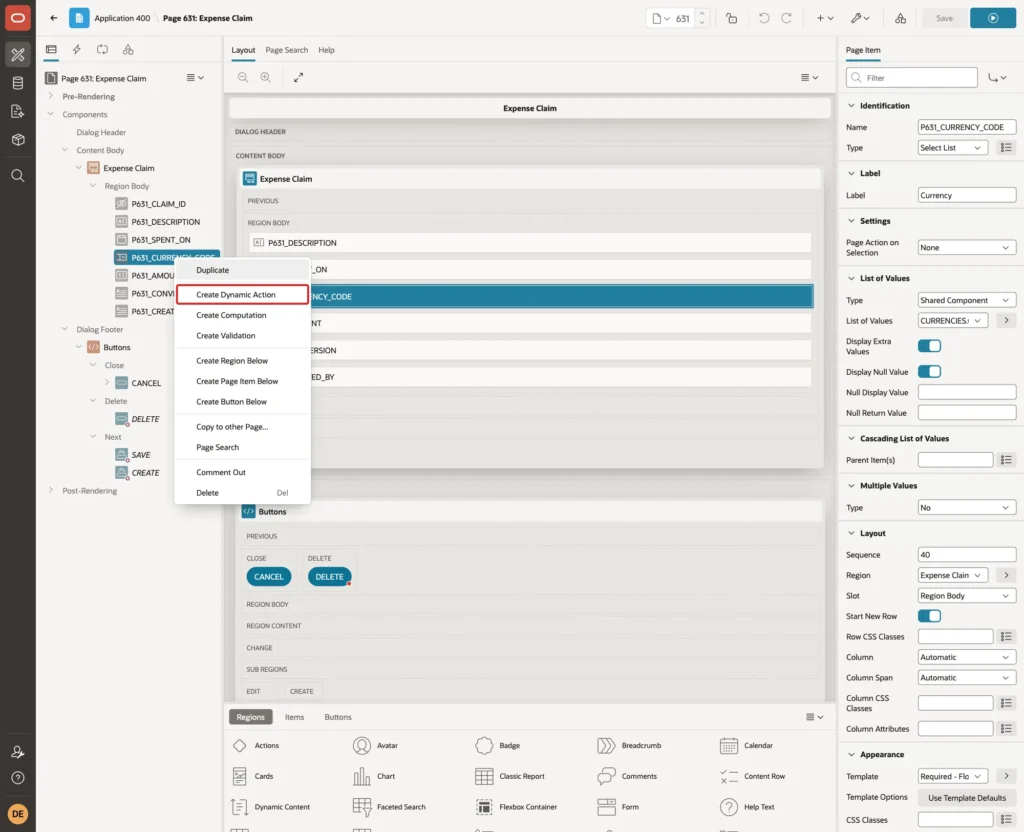 Context menu of P631_CURRENCY_CODE with Create Dynamic Action marked with a red box