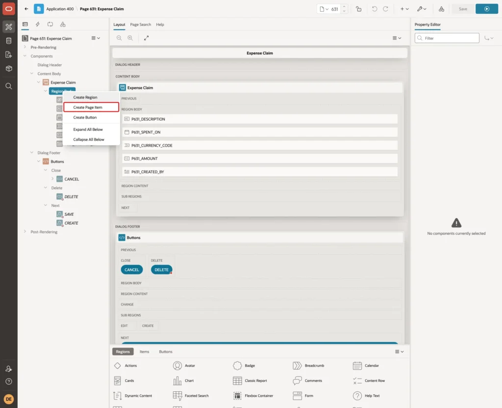 Context menu of Region Body with Create Page Item marked with a red box