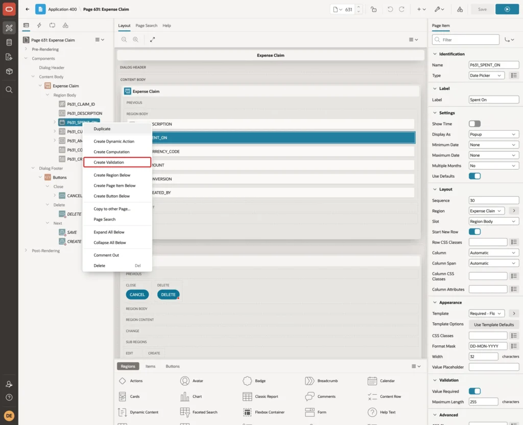 Context menu of P631_SPENT_ON with Create Validation marked with a red box