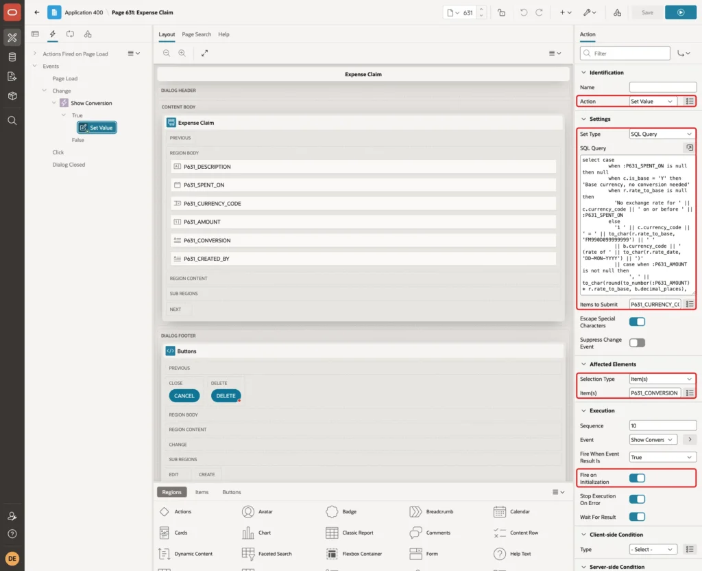 Set Value action with Set Type SQL Query, the query, Items to Submit, the affected item P631_CONVERSION and Fire on Initialization marked with red boxes