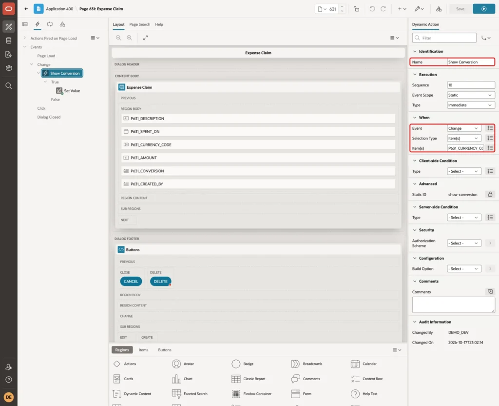 Dynamic action Show Conversion with Event Change and the three items marked with red boxes