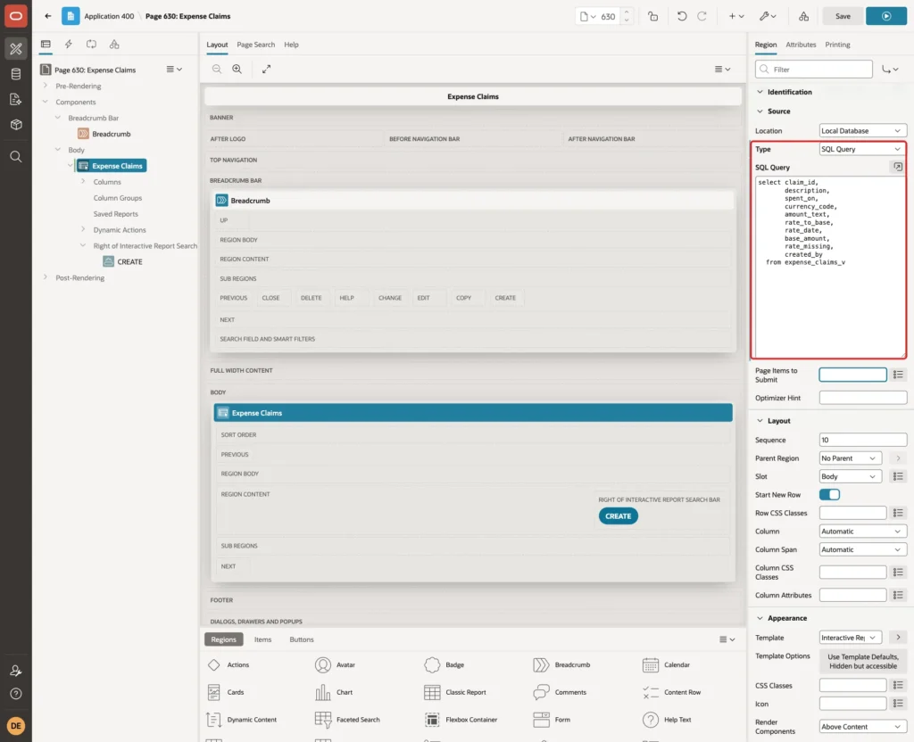 Expense Claims region with Source Type SQL Query and the query on EXPENSE_CLAIMS_V marked with a red box