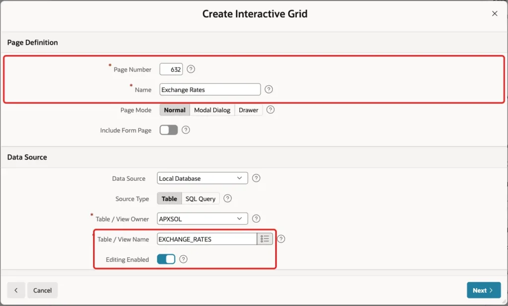 Create Interactive Grid wizard with page 632 Exchange Rates, table EXCHANGE_RATES and Editing Enabled marked with red boxes