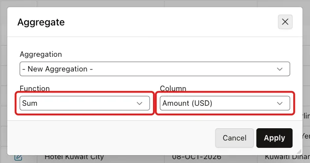 Aggregate dialog with Function Sum and Column Amount (USD) marked with red boxes