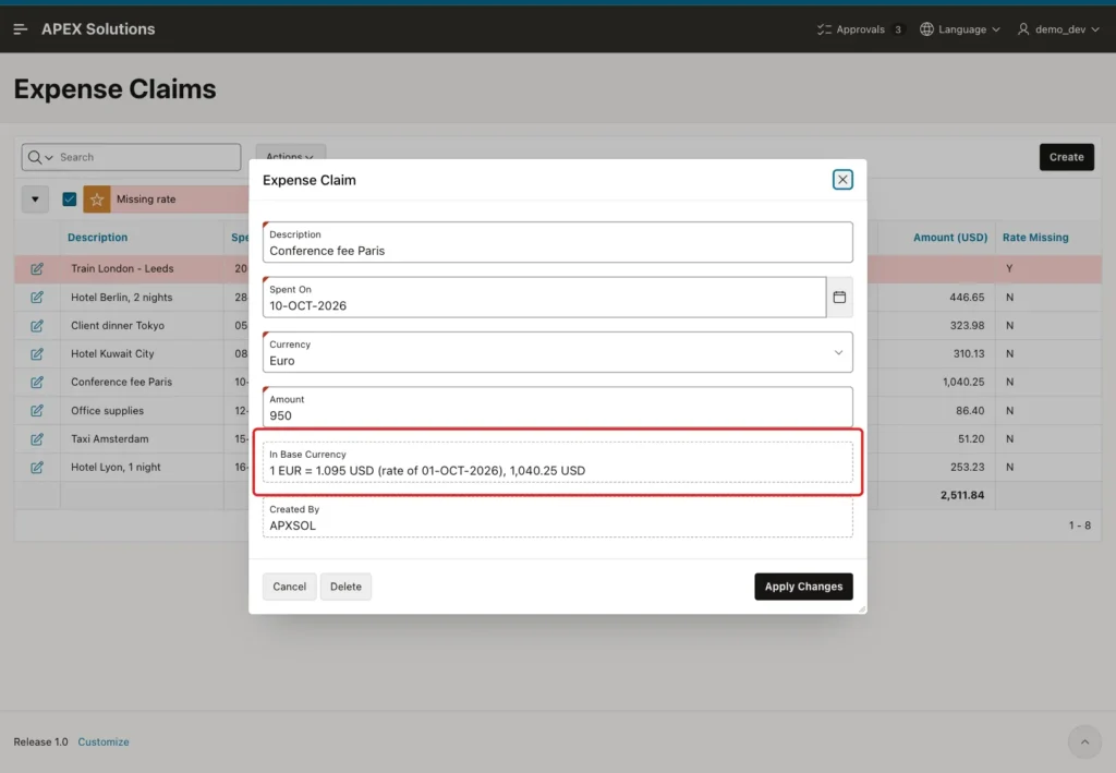 Edit dialog of the Conference fee Paris claim with In Base Currency 1 EUR = 1.095 USD (rate of 01-OCT-2026), 1,040.25 USD marked with a red box