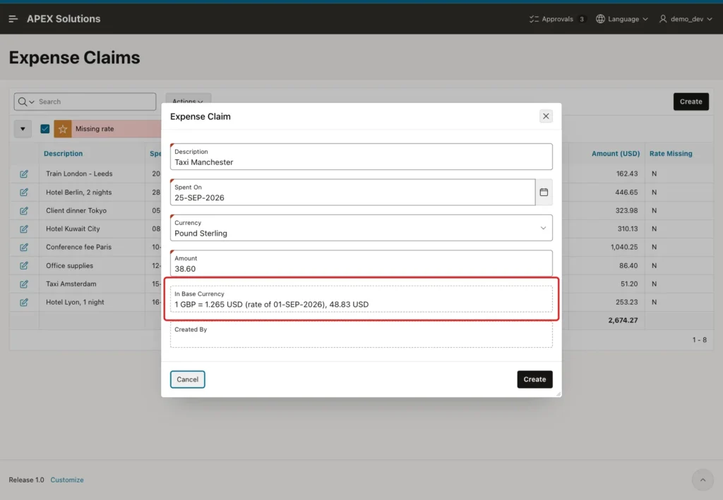 Expense Claim dialog with In Base Currency 1 GBP = 1.265 USD (rate of 01-SEP-2026), 48.83 USD marked with a red box