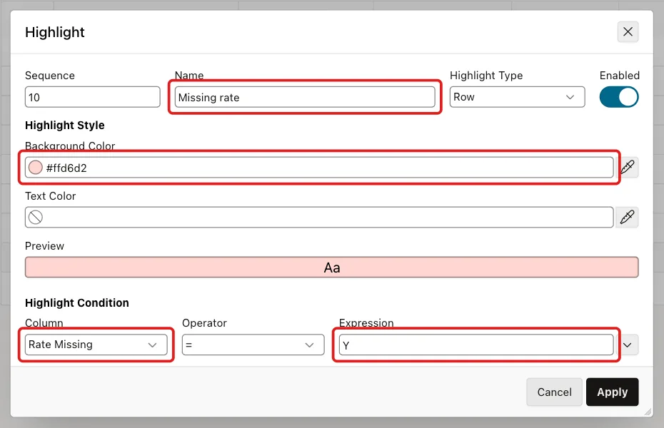 Highlight dialog with Name Missing rate, Background Color, Column Rate Missing and Expression Y marked with red boxes