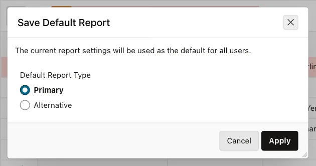 Save Report dialog with Save As Default Report Settings marked with a red box