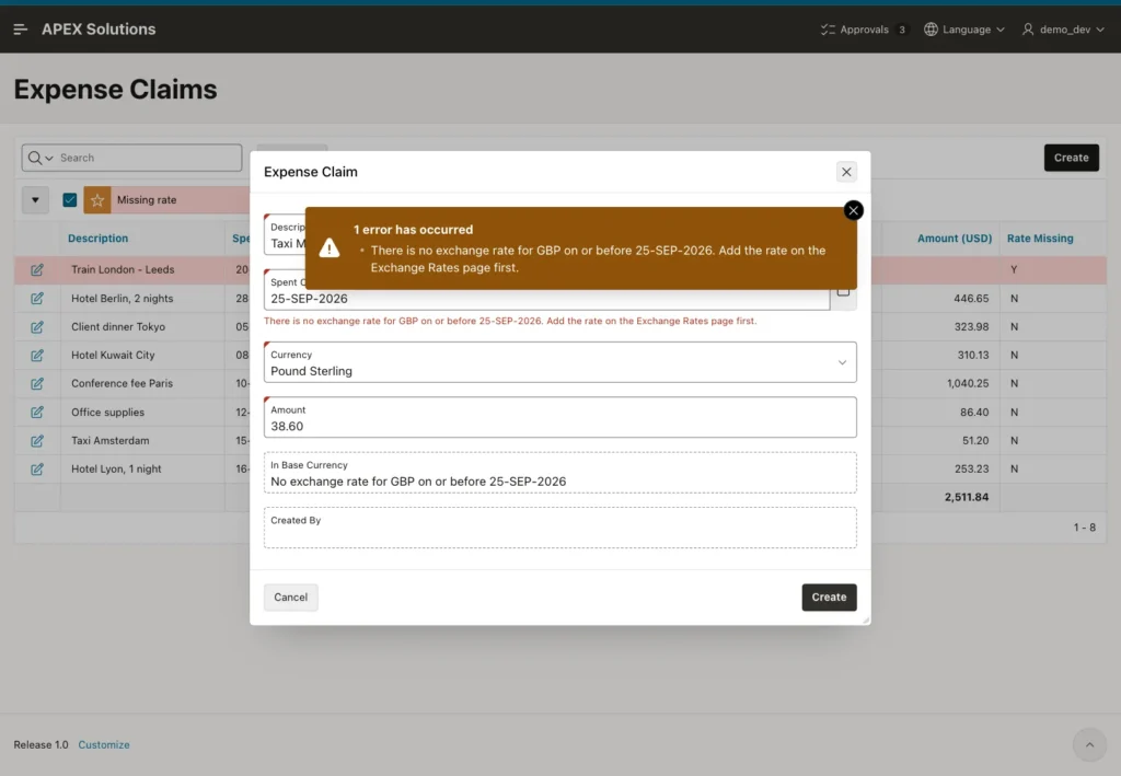 Expense Claim dialog with the error There is no exchange rate for GBP on or before 25-SEP-2026. Add the rate on the Exchange Rates page first.