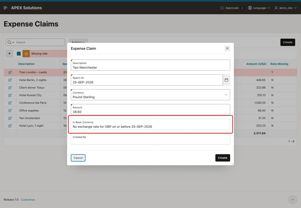 Expense Claim dialog with In Base Currency No exchange rate for GBP on or before 25-SEP-2026 marked with a red box
