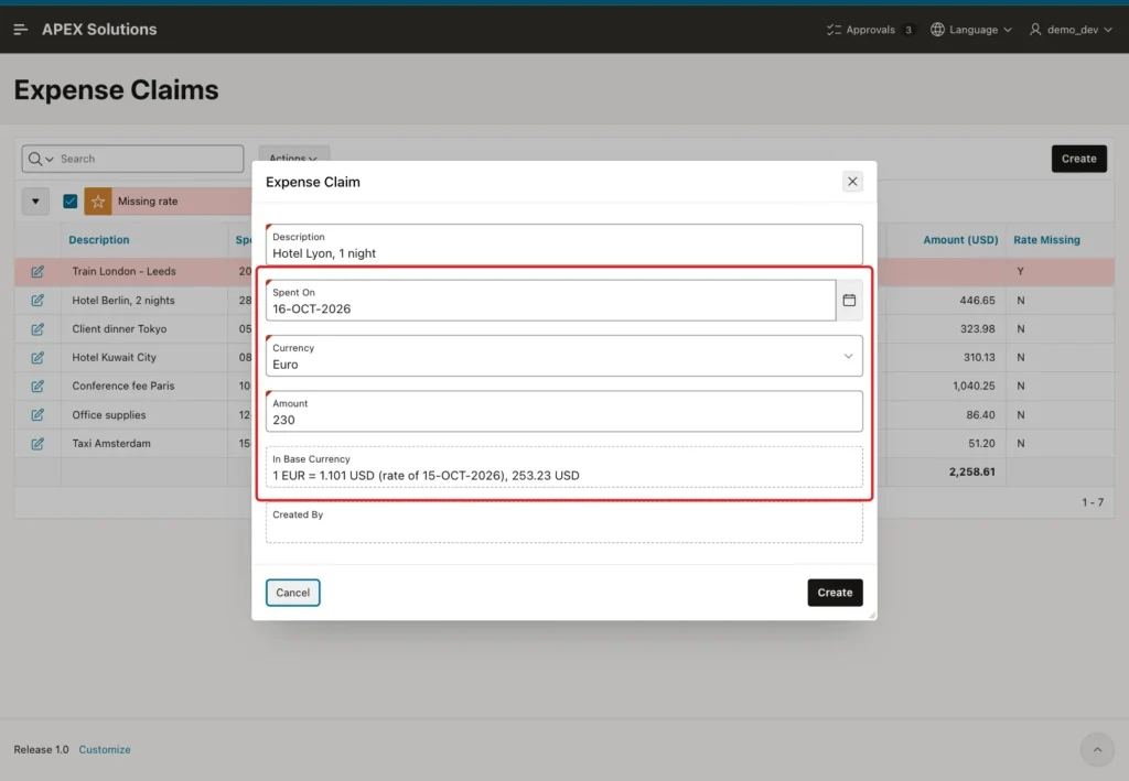 Expense Claim dialog with Spent On 16-OCT-2026, Currency Euro, Amount 230 and In Base Currency 1 EUR = 1.101 USD (rate of 15-OCT-2026), 253.23 USD marked with a red box