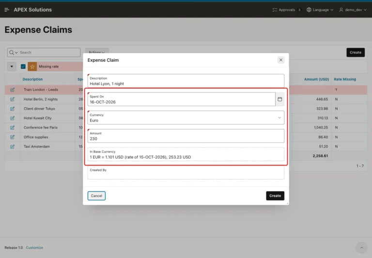 Expense Claim dialog with Spent On 16-OCT-2026, Currency Euro, Amount 230 and In Base Currency 1 EUR = 1.101 USD (rate of 15-OCT-2026), 253.23 USD marked with a red box
