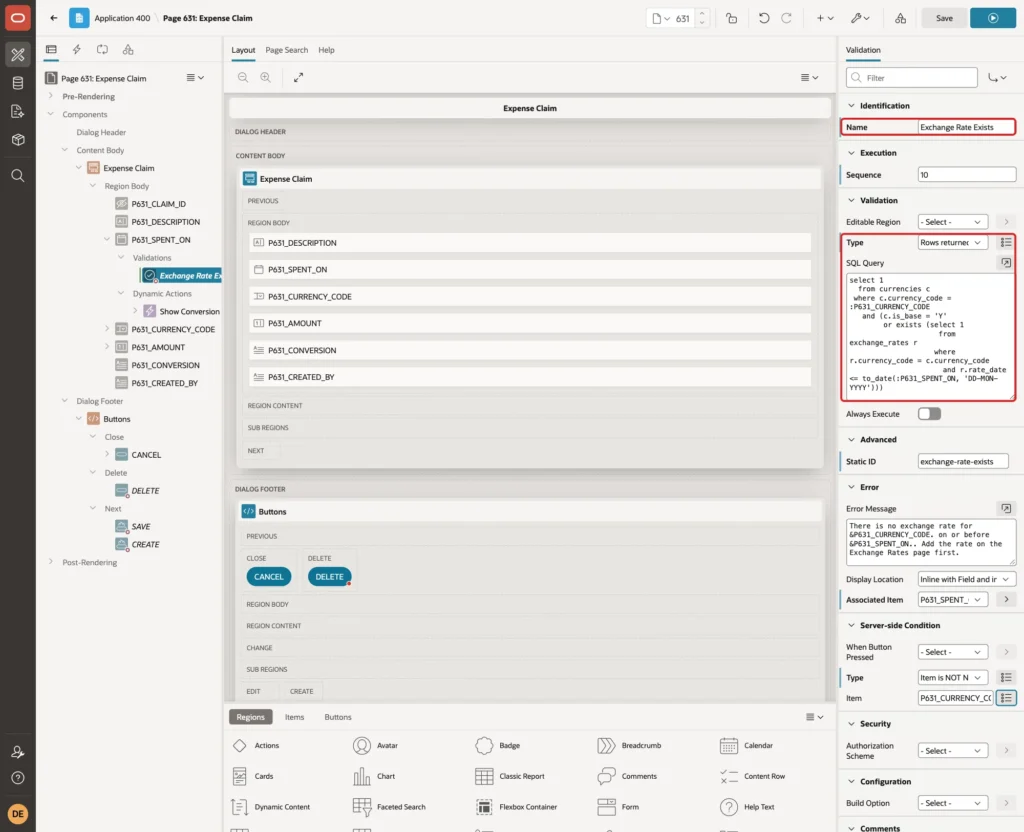 Validation Exchange Rate Exists with Type Rows returned and the SQL Query marked with red boxes