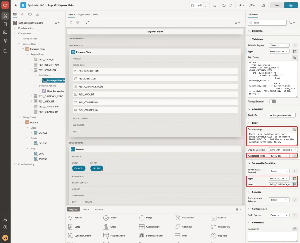 Error Message, Associated Item P631_SPENT_ON and Server-side Condition Item is NOT NULL P631_CURRENCY_CODE marked with red boxes