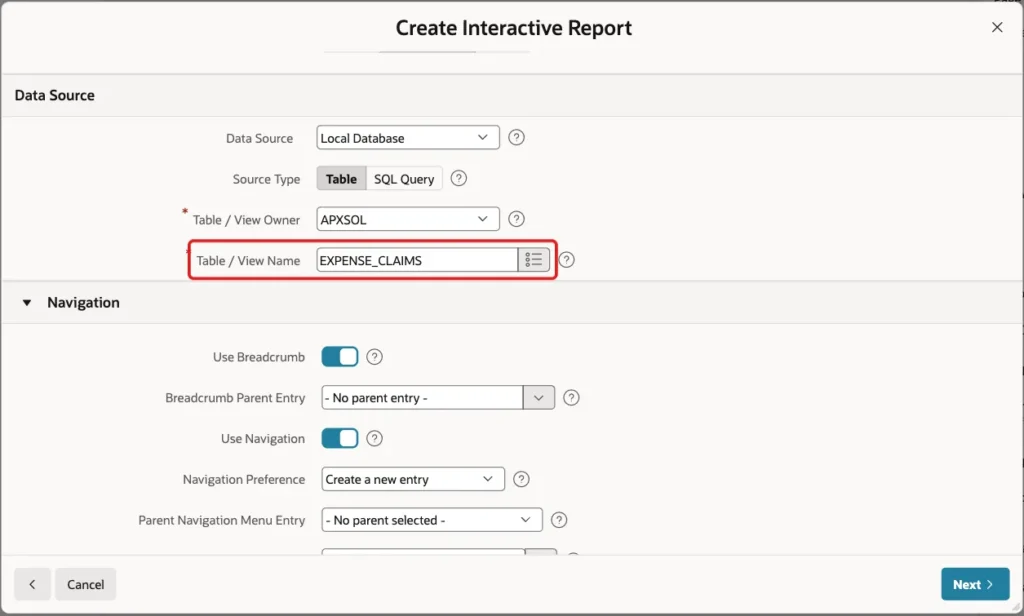 Data Source section with Table / View Name EXPENSE_CLAIMS marked with a red box