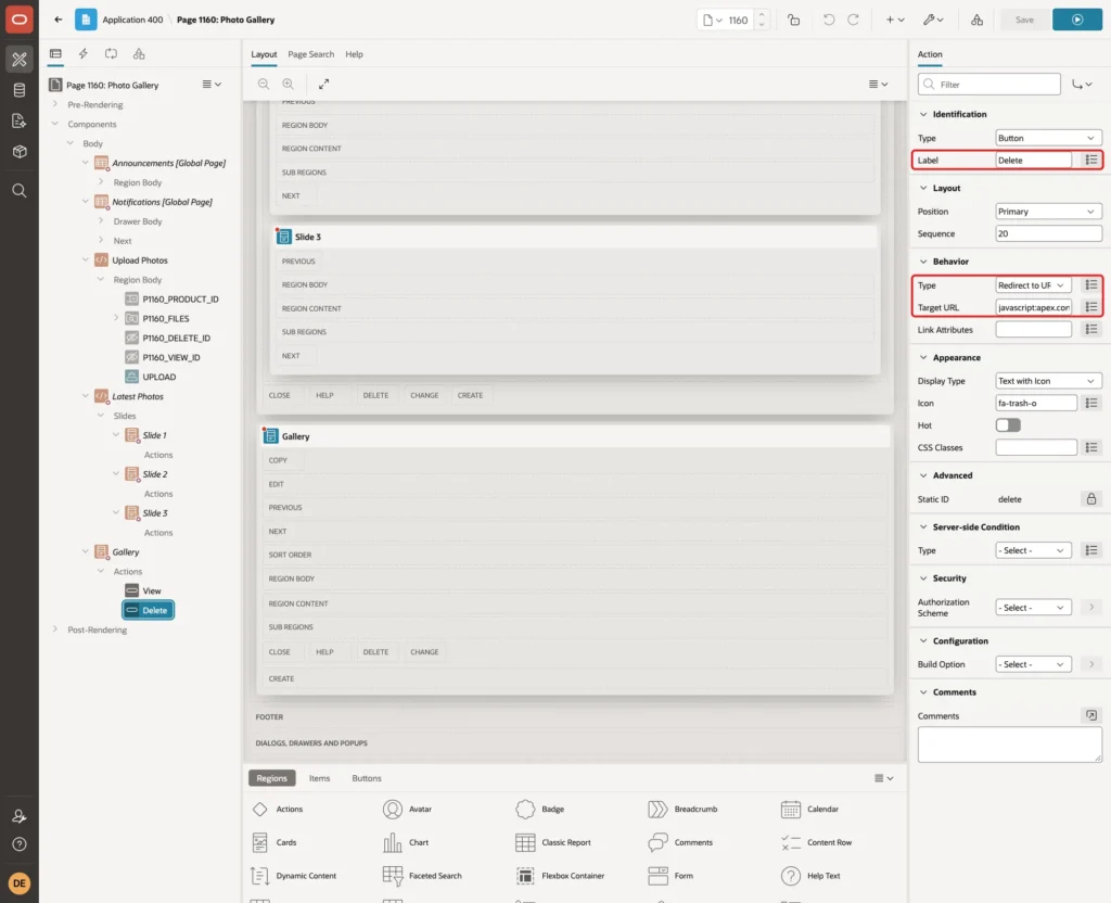 Action Delete with Label Delete, Behavior Type Redirect to URL and the JavaScript Target URL marked with red boxes