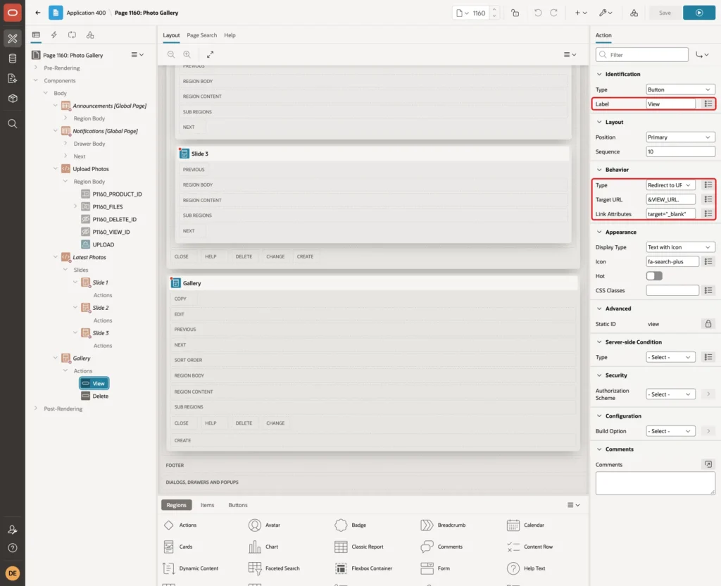 Action View with Type Button, Label View, Behavior Type Redirect to URL, Target URL &VIEW_URL. and Link Attributes marked with red boxes
