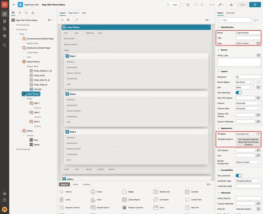Region Latest Photos of type Static Content with Template Carousel Container and the Show Next and Previous Buttons template option marked with red boxes