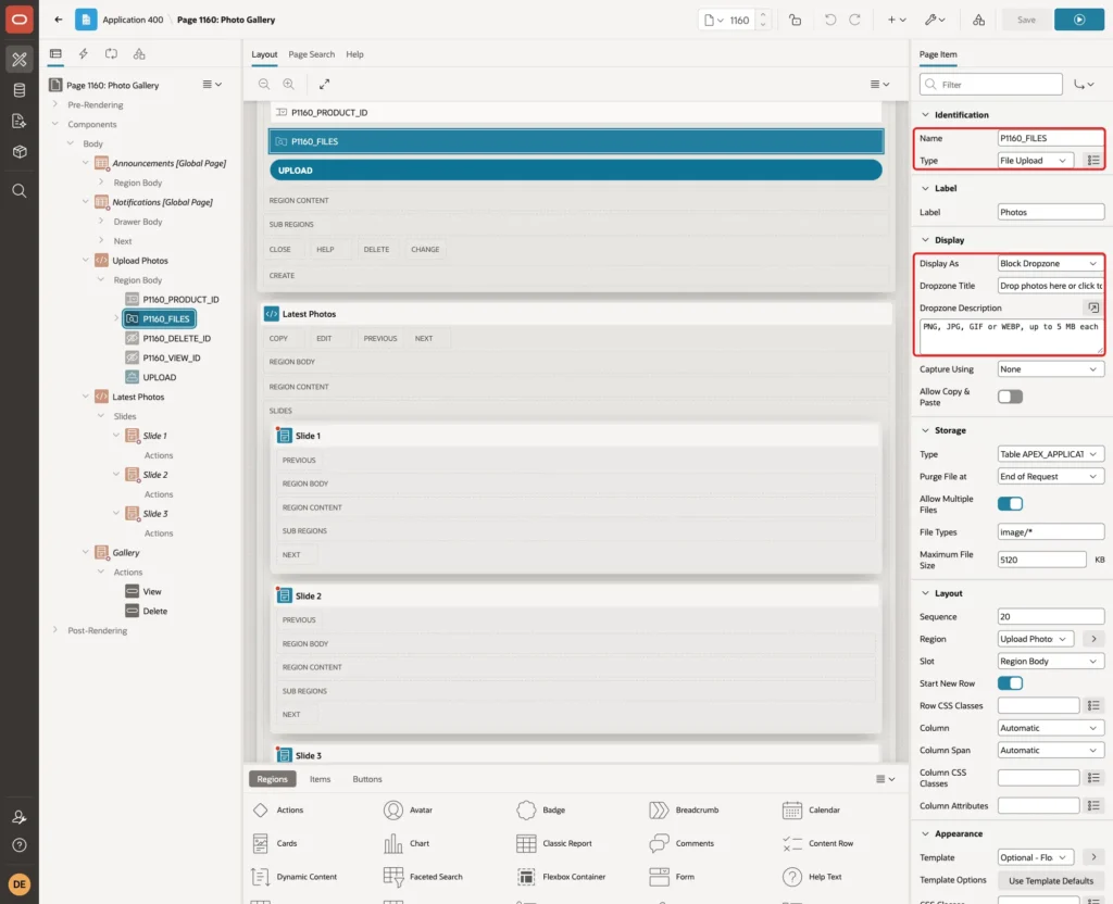 Item P1160_FILES of type File Upload with Display As Block Dropzone, Dropzone Title and Dropzone Description marked with red boxes