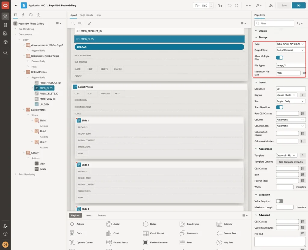 Storage group with Type Table APEX_APPLICATION_TEMP_FILES, Purge File at End of Request, Allow Multiple Files, File Types image/* and Maximum File Size 5120 marked with a red box