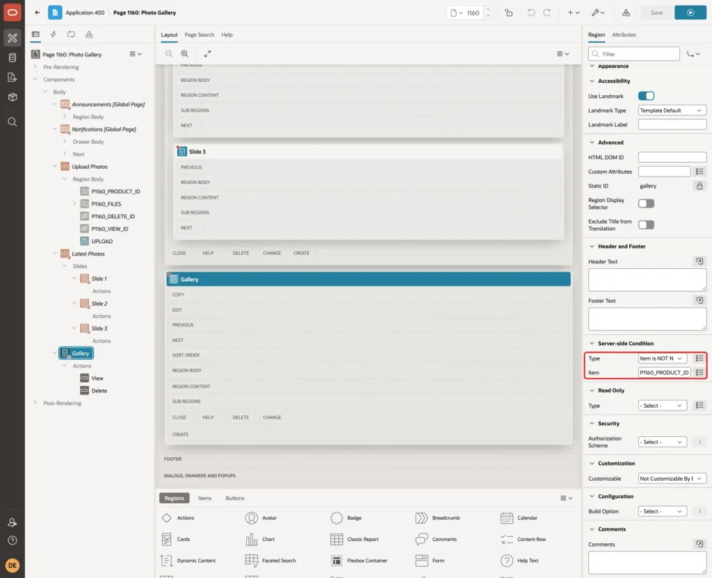 Server-side Condition with Type Item is NOT NULL and Item P1160_PRODUCT_ID marked with a red box