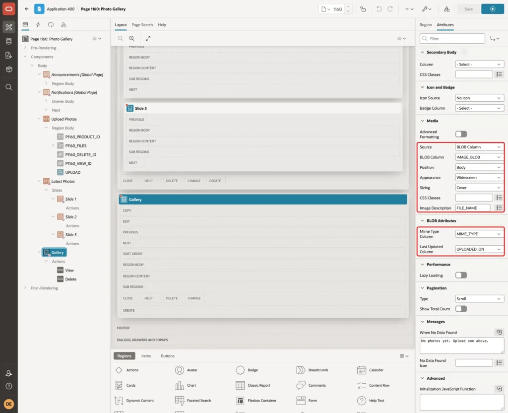 Media group with Source BLOB Column, BLOB Column IMAGE_BLOB, Appearance Widescreen, Sizing Cover and Image Description, and BLOB Attributes with the MIME type and last updated columns marked with red boxes