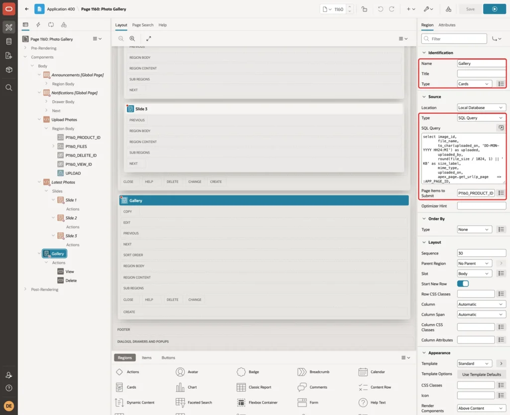 Region Gallery of type Cards with the SQL query and Page Items to Submit marked with red boxes