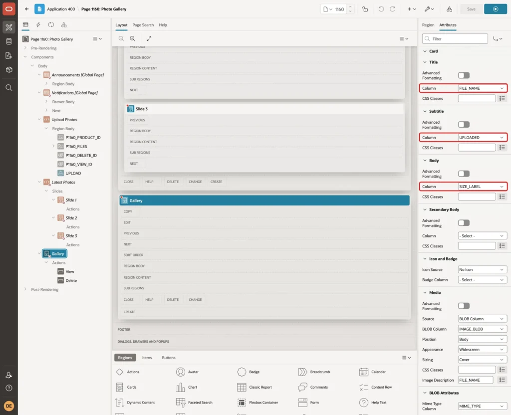 Title column FILE_NAME, Subtitle column UPLOADED and Body column SIZE_LABEL marked with red boxes