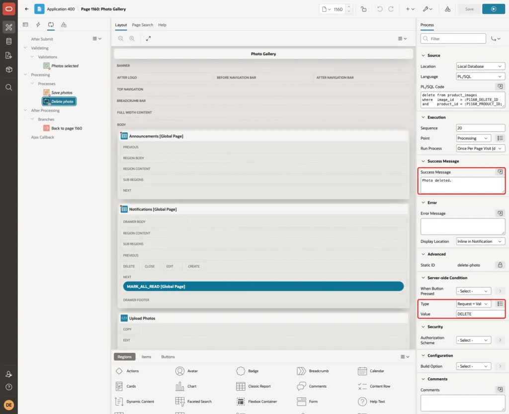 Success Message Photo deleted and Server-side Condition Type Request = Value with Value DELETE marked with red boxes