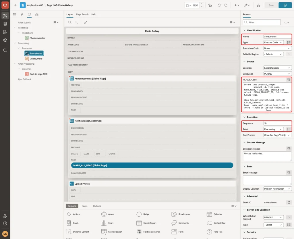 Process Save photos of type Execute Code with the PL/SQL code and Sequence 10, Point Processing marked with red boxes