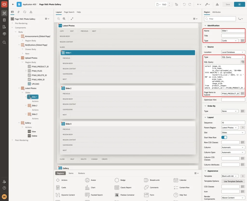 Region Slide 1 of type Cards with the SQL query and Page Items to Submit marked with red boxes