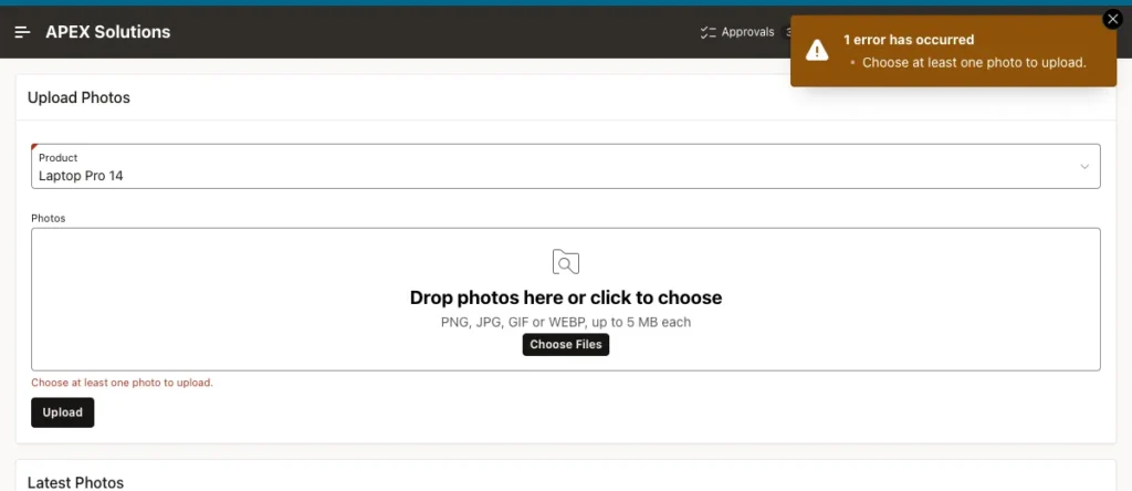 Error notification Choose at least one photo to upload. and the message under the drop zone