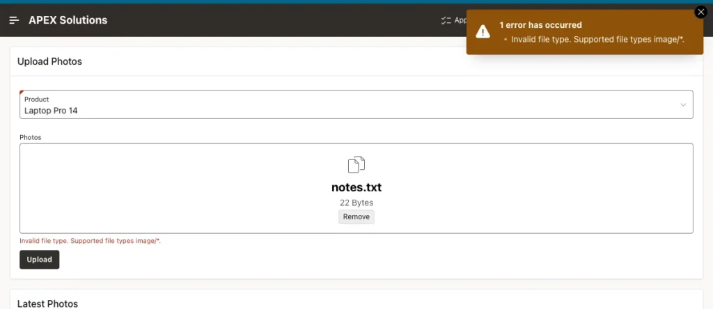 Drop zone with notes.txt, the error message Invalid file type. Supported file types image/*. under it and an error notification