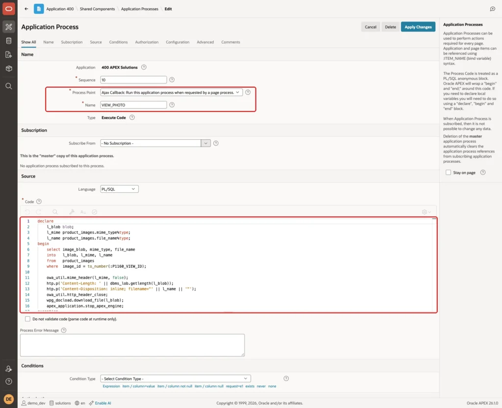 Application Process VIEW_PHOTO with Process Point Ajax Callback, the name and the PL/SQL code marked with red boxes