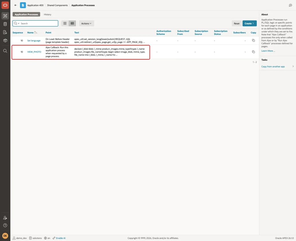 Application Processes list with the VIEW_PHOTO row marked with a red box