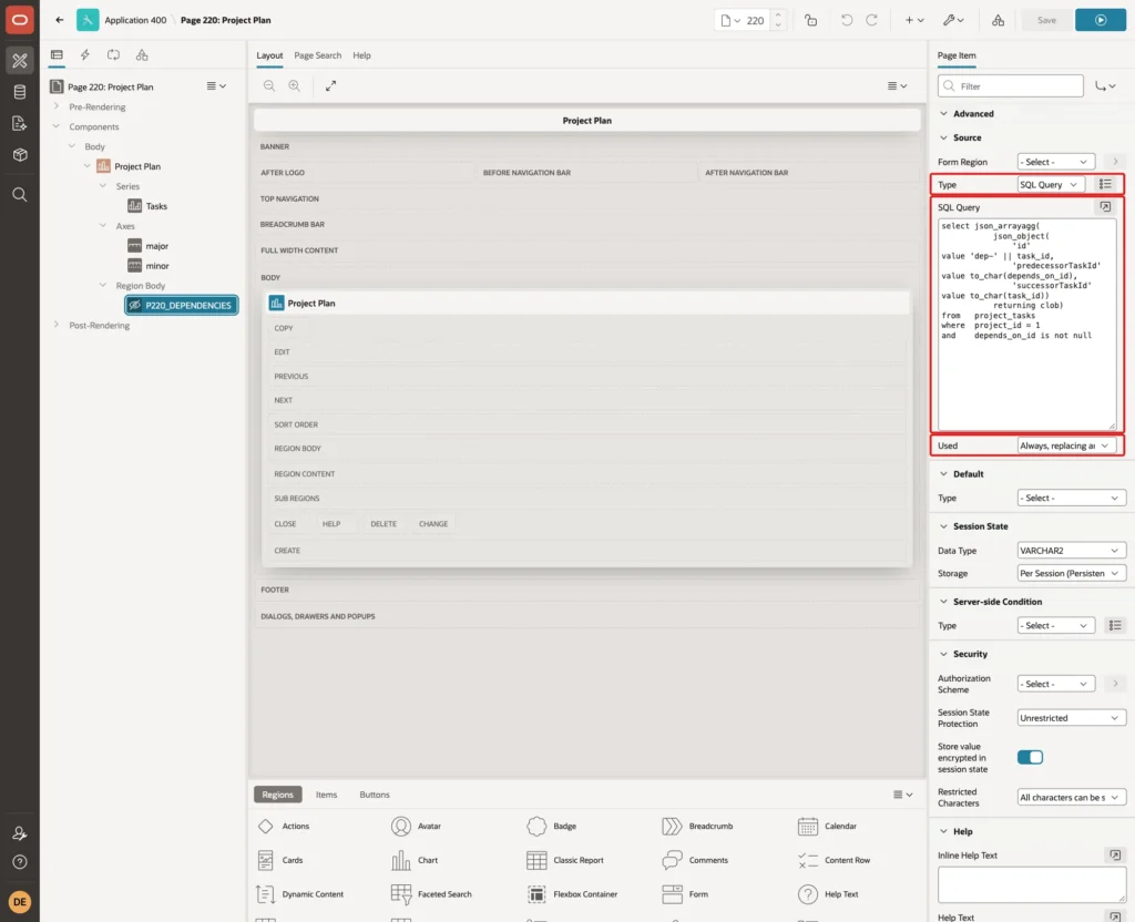 Page Designer showing P220_DEPENDENCIES Source Type SQL Query, the JSON query and Used Always replacing marked with red boxes