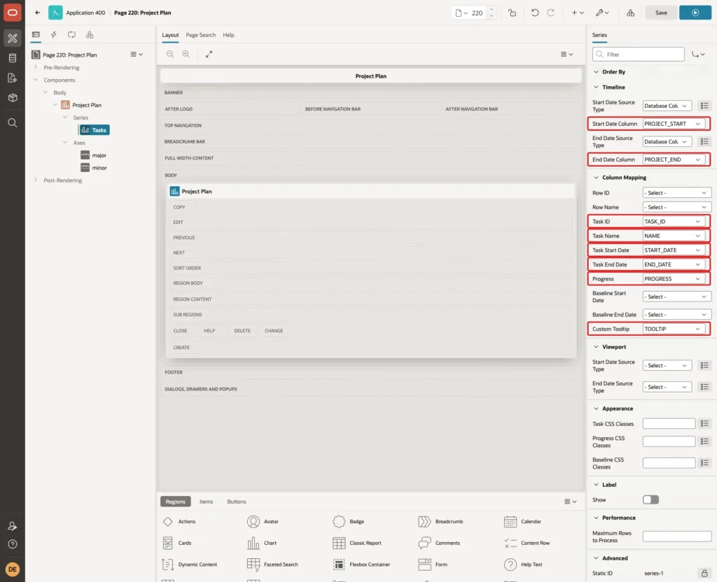 Page Designer showing the Timeline Start Date Column PROJECT_START and End Date Column PROJECT_END, and the Column Mapping Task ID, Task Name, Task Start Date, Task End Date, Progress and Custom Tooltip marked with red boxes