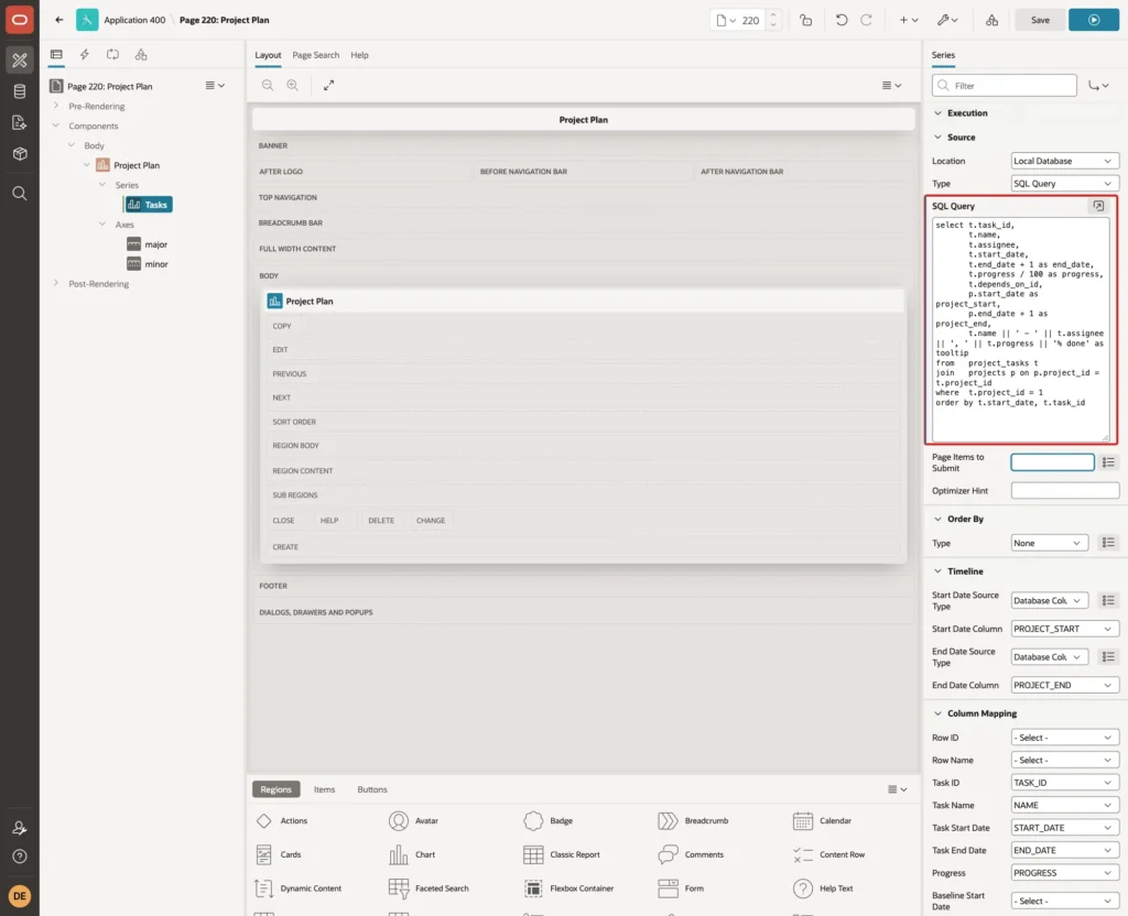 Page Designer showing the Tasks series with the new SQL query marked with a red box