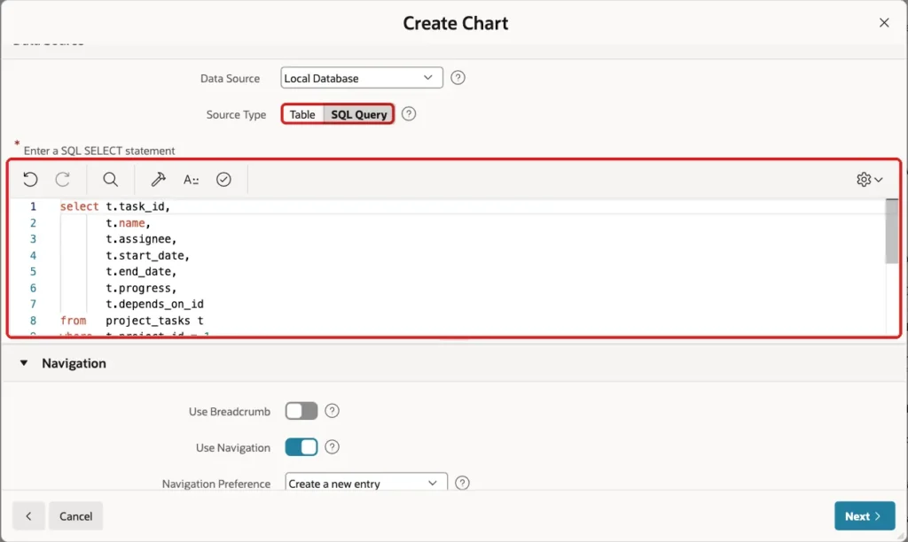 Create Chart wizard with the SQL query on PROJECT_TASKS marked with a red box