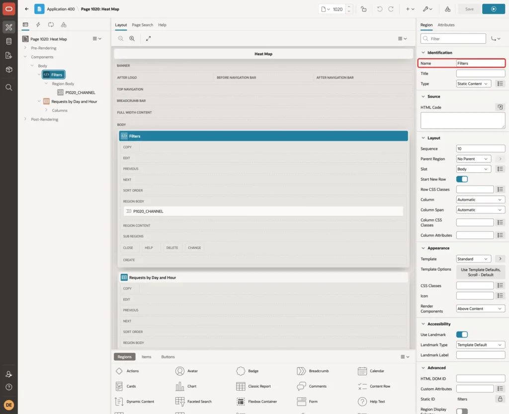 Page Designer with the region Name Filters marked with a red box
